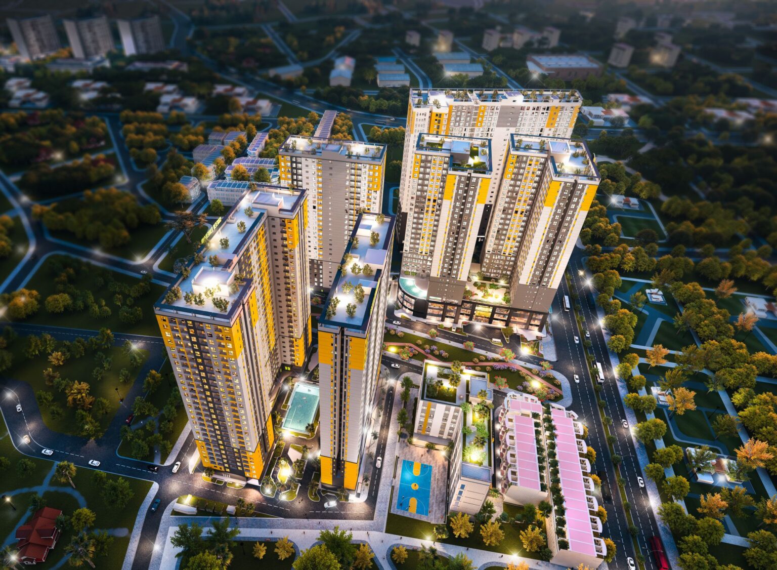 Phối cảnh tổng thể dự án Bcons City góc tháp Green Emerald